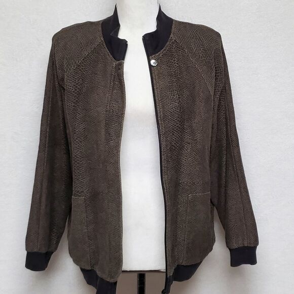 VINTAGE 1980s Richard & Company Green Snakeskin Shoulder Pad Bomber Jacket L - Picture 10 of 11